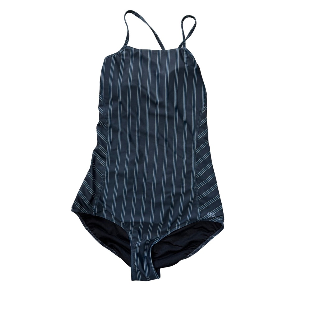 Albion Fit Women Navy Blue Pinstripe Lace Up Corset Back One Piece Swimsuit M